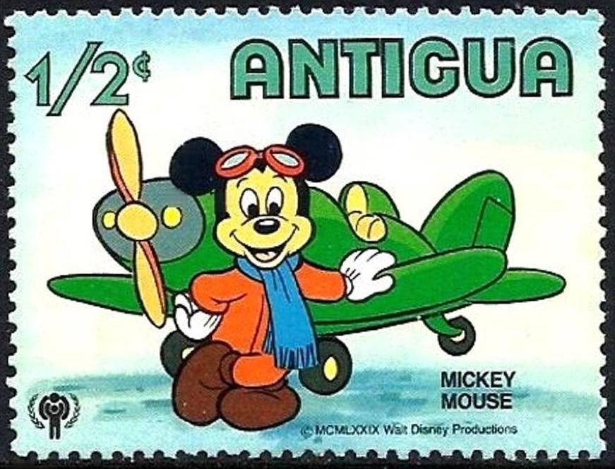 z vendido Antigua 1980 Scott 562 Sello ** Walt Disney Transporte Mickey Mouse Avion 1/2c
